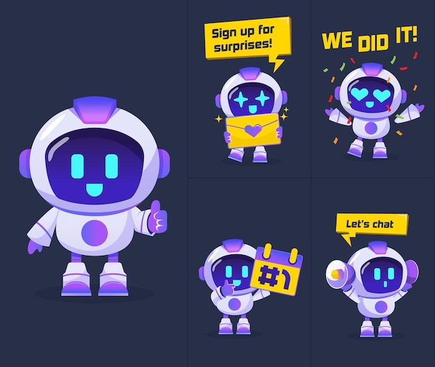Robot character set vector with emotions technology Robotic character