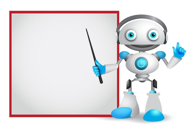 Vector robot character vector illustration with friendly gesture teaching or showing technology