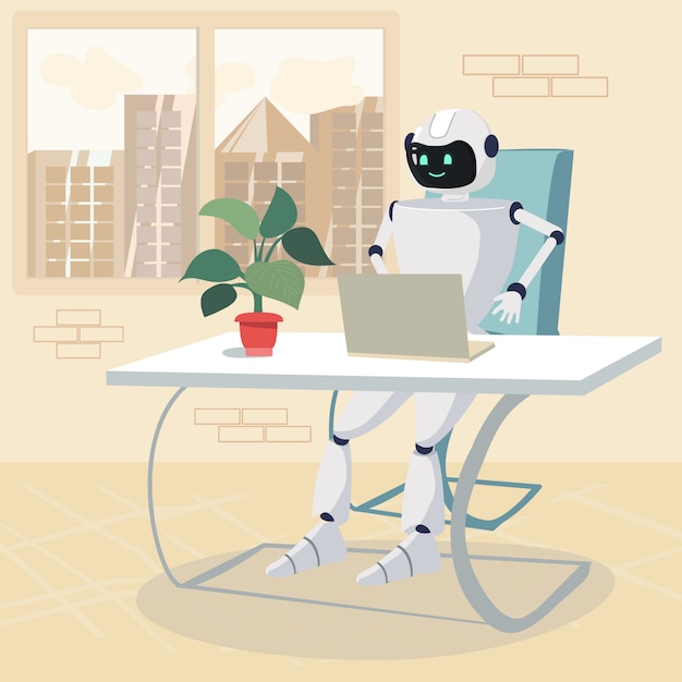 Вектор Робот персонаж работа на ноутбуке в офисе мультфильма