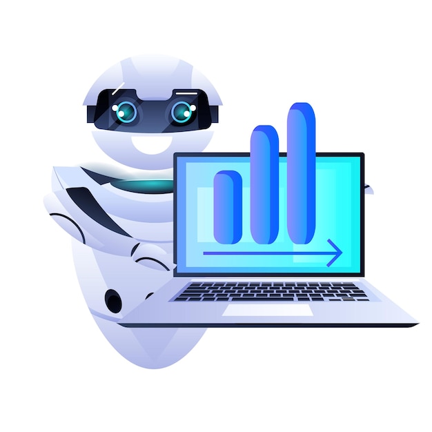 robot-chatbot-assistent die financiële statistische gegevens op het laptopscherm analyseert
