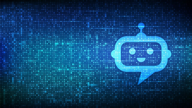 Segno dell'icona della testa del chatbot del robot realizzato con codice binario. applicazione assistente chatbot. concetto di intelligenza artificiale. dati binari digitali e codice digitale in streaming. sfondo matrice con cifre 1.0. illustrazione di vettore.