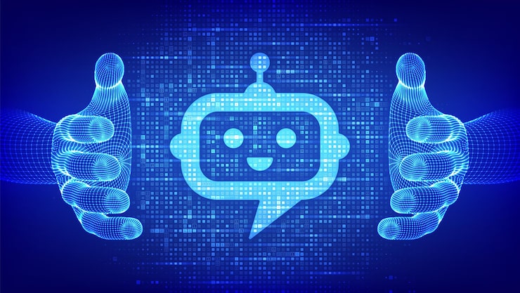 Vector robot chatbot head icon sign made with binary code in wireframe hands chatbot assistant application digital binary data and streaming digital code background with digits 10 vector illustration