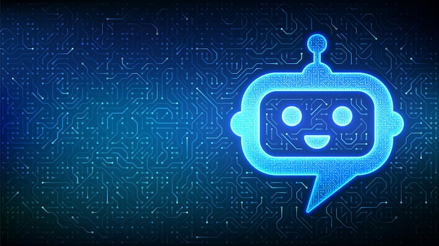 Robot chatbot hoofd icoon Chatbot assistent applicatie teken AI technologie achtergrond Tekstballon bericht Dialoog wolk Printplaat patroon PCB printplaat textuur Vector Illustratie