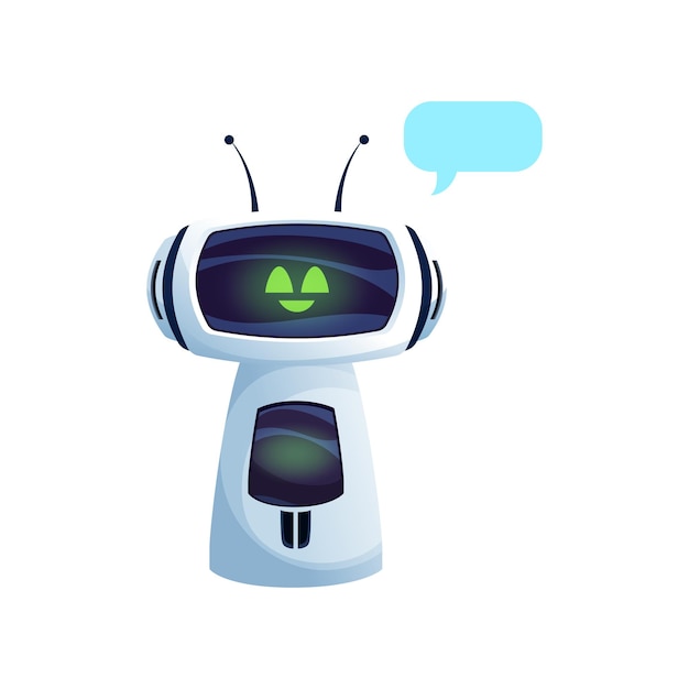 로봇 또는 챗봇 스마트 어시스턴트 및 서비스 센터 인공 지능 도우미 격리된 미래형 문자 벡터 가상 AI 온라인 서비스 지원 채팅 봇, 메시지 거품 및 웃는 얼굴