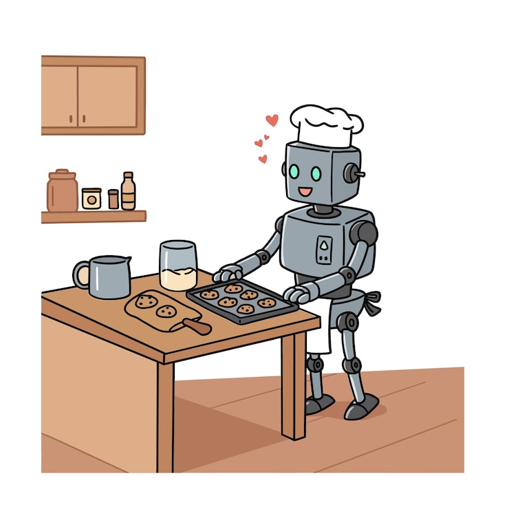 Vector robot chef baking cookies in a cozy kitchen with cheerful details in flat vector art