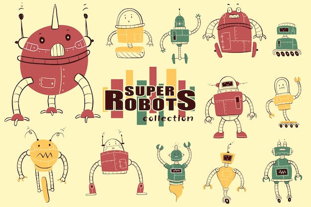 Vector robot collection hand draw for kids