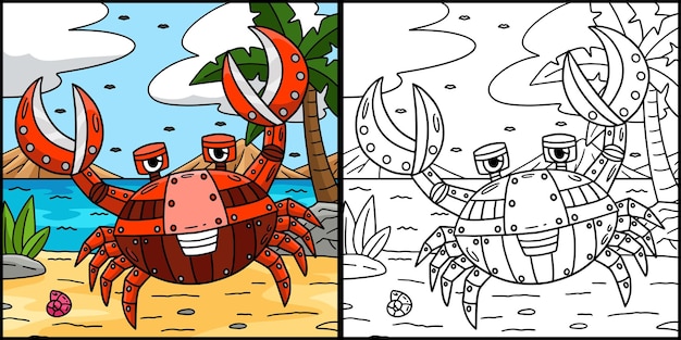 Vector robot crab coloring page colored illustration