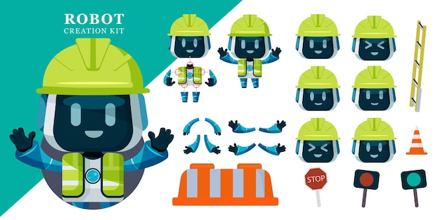 Vector robot creation kit vector set design. robots traffic enforcer with editable character kit of arms.