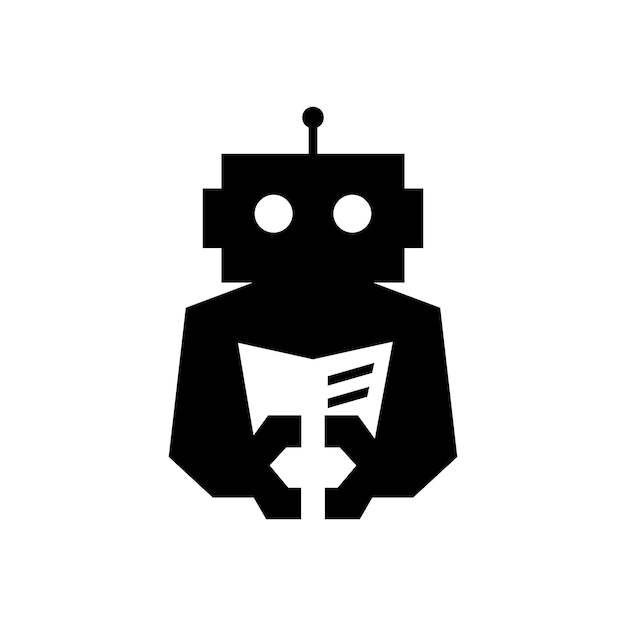 Il libro del cyborg del robot ha letto l'illustrazione dell'icona di vettore del logo dello spazio negativo del giornale