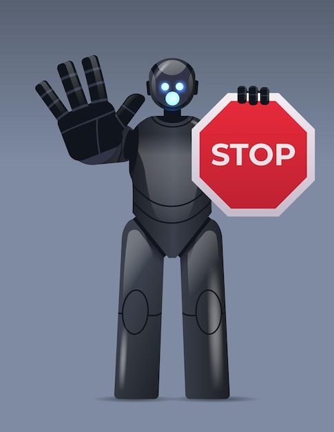 Robot cyborg holding red stop sign robotic character showing no entry hand gesture artificial intelligence technology