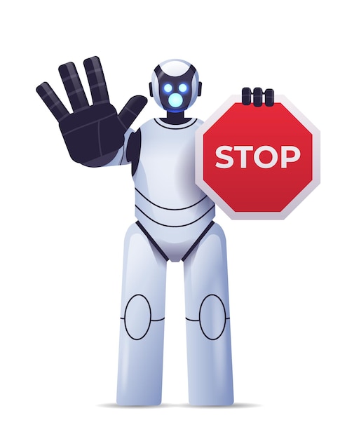 robot cyborg holding red stop sign robotic character showing no entry hand gesture artificial intelligence technology