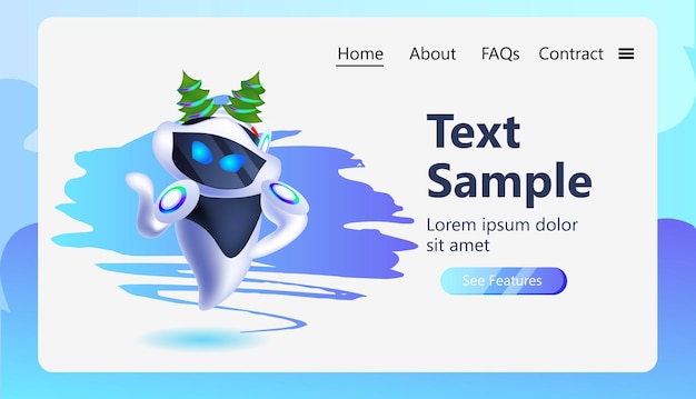 モミの木のお祝いの帽子のロボットサイボーグ冬の休日を祝うロボットのキャラクター人工知能技術の概念水平コピースペースベクトル図