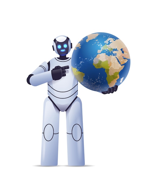 robot cyborg met planeet aarde wereldbol moderne robot karakter kunstmatige intelligentie technologie
