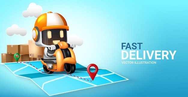 Robot delivery vector concept design fast delivery text with robotic rider character with boxes