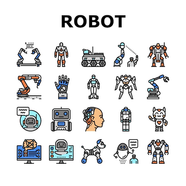 Vector robot development and industry icons set vector