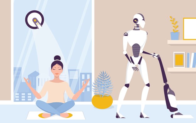 Robot die huishoudelijk werk doet. Robotic huishouding. Robot die het huis opruimt. Futuristische technologie en automatisering. illustratie