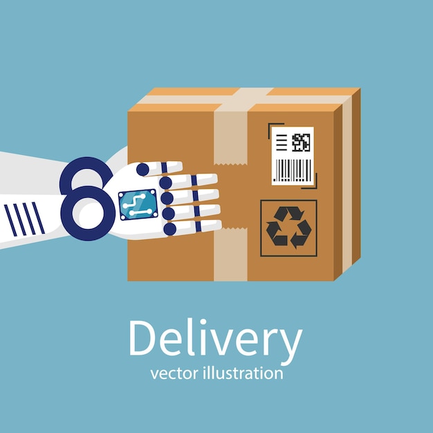 Robot does the delivery. A cardboard box in the hands of the courier. Delivery future. Vector illustration flat design. Modern technology. Isolated on background.