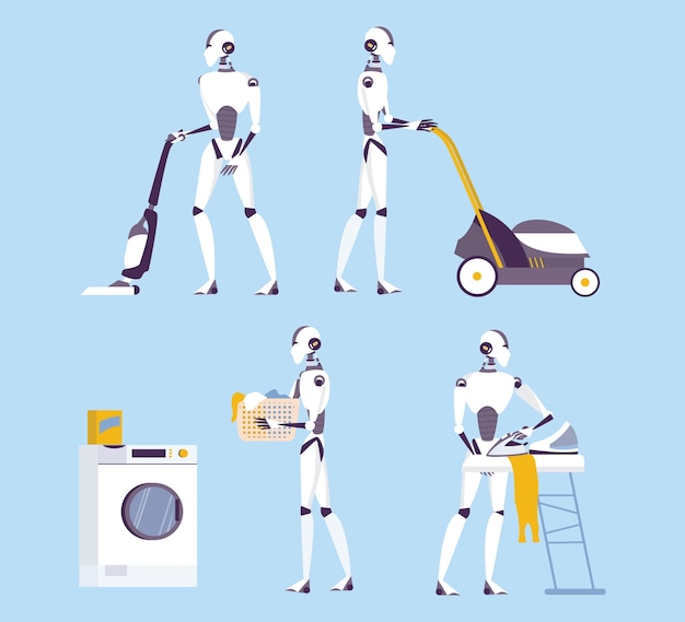 Vettore robot che fa i lavori domestici. pulizia robotica. robot che fa pulizia domestica, lavanderia. tecnologia e automazione futuristiche. set di illustrazione