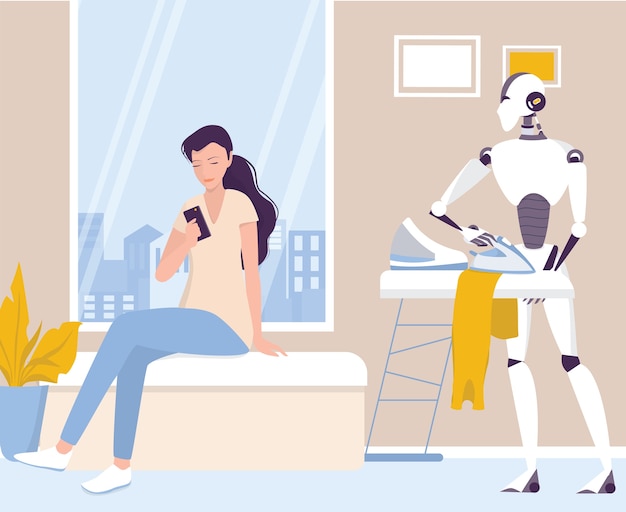 Robot che fa i lavori domestici. pulizia robotica. robot da stiro. l'intelligenza artificiale aiuta le persone nella loro vita, nella tecnologia del futuro e nel concetto di stile di vita. illustrazione