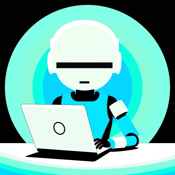 Вектор робот выполняет офисную работу робот сидит перед ноутбуком