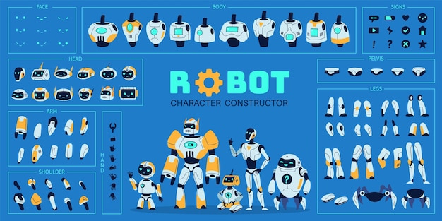 Kit di elementi robot personaggio cyborg carino e diverse parti di ricambio teste torso braccia e gambe costruttore di robot elementi del corpo android futuristico set piatto di cartoni animati vettoriale ordinato