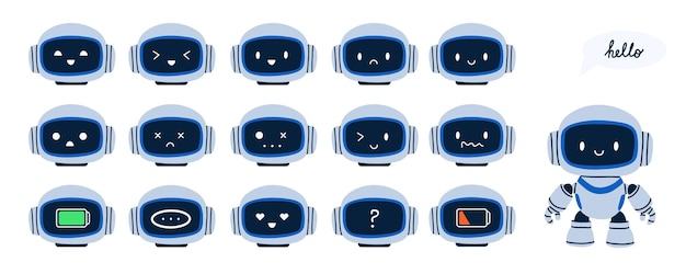 Robot emotions Chatbot assistant emotions cute ai symbol tech mascot Happy or sad funny face Robotic machine high and low battery Vector cartoon flat style isolated smile character illustration
