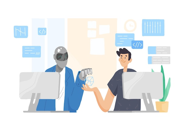 Robot en man achter computers zitten en samen te werken op kantoor. samenwerking, steun en vriendschap tussen man en android