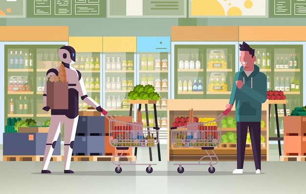 Robot en mens duwen trolley karren vol boodschappen robotachtig karakter vs man staan samen in supermarkt kunstmatige intelligentie technologie winkelen concept plat volledige lengte horizontaal