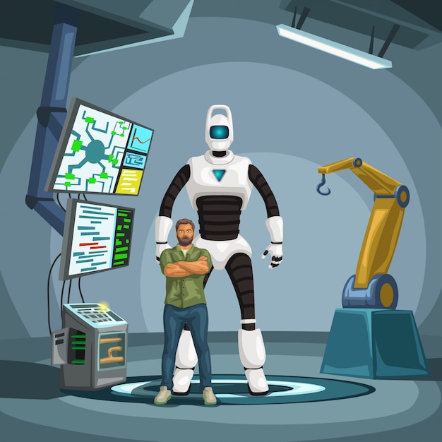 Vettore ingegnere robot con cyborg in un laboratorio