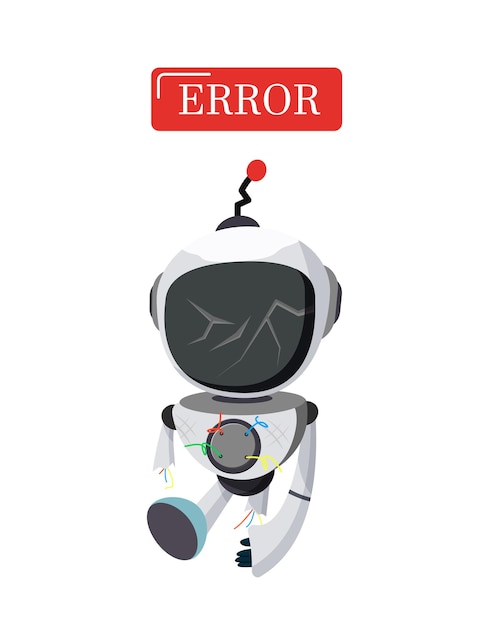 Robot error character vector design. Ai technology website page problem for trouble shoot.