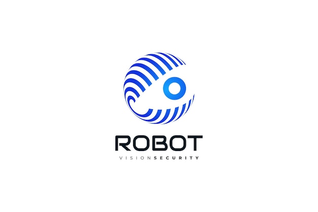 보안 기술 또는 개인 정보 보호 앱 로고에 적합한 눈이 있는 Blue Sphere 개념 세계 로고가 있는 로봇 눈 로고