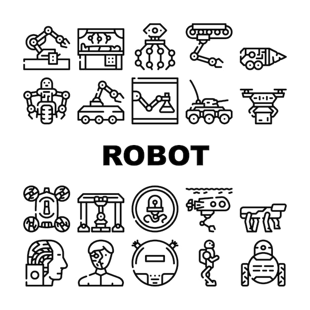 Robot Future Electronic Equipment Icons Set Vector Military And Underwater Robot Vacuum Cleaner And Cyborg Nanorobot And Drone Robotic Arm Doing Surgery Operation Contour Illustrations