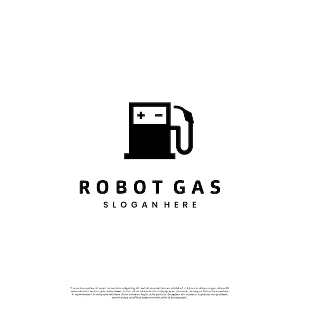 Robot gas logo design moderno concetto di stazione di servizio combinata con il logo dell'occhio del robot