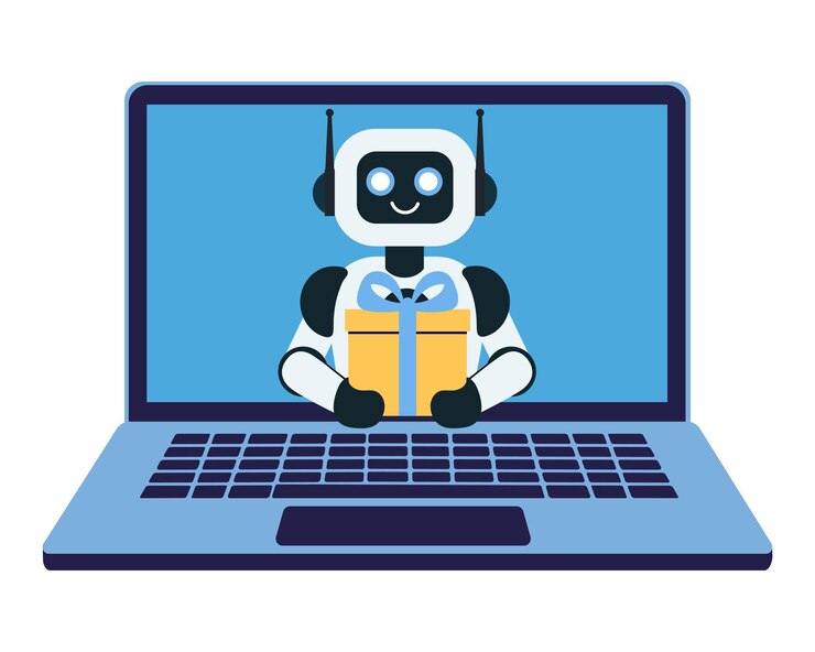 Vector the robot gives a gift on the laptop monitor screen flat icon isolated on transparent background