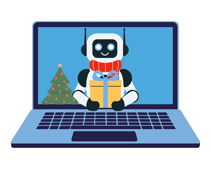 Vector the robot gives a gift on the laptop monitor screen flat icon isolated on transparent background