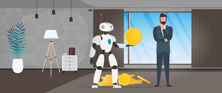Vector the robot gives a gold coin to a businessman. the robot brings profit to the business. the concept of earnings, profit and wealth. vector.