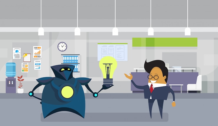 Vector robot giving asian business man light bulb