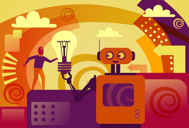 Vector robot giving business man light bulb artificial intelligence and new idea development concept