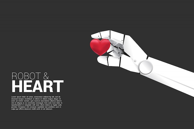 Рука робота держит сердце 3d. концепция машины ай технологии