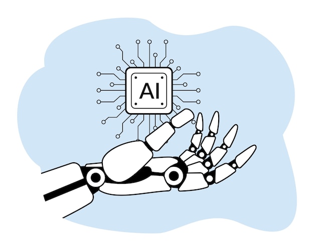 Vector robot hand holding artificial intelligence chip or robot hand machine ai