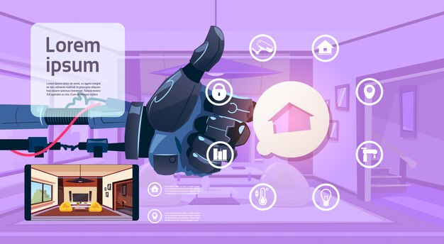 Рука робота, держащая большой палец, над интерфейсом мониторинга умного дома Технология концепции управления домом