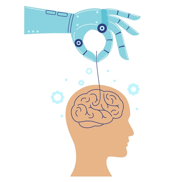Robot hand manipulates a human brain Artificial intelligence technologies concept Vector illustration