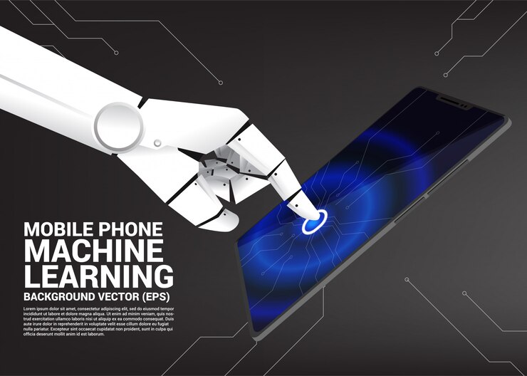 Vector robot hand touch on screen of mobile phone. 