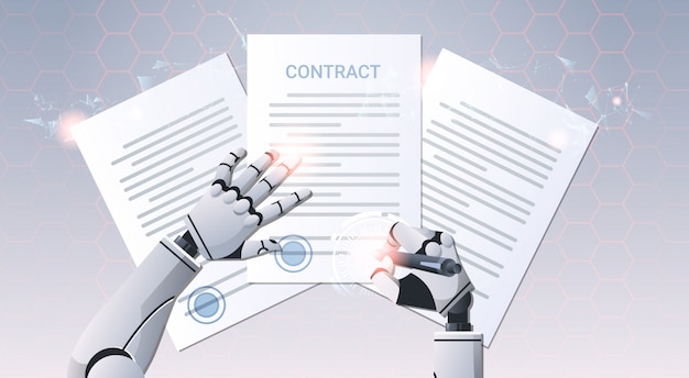 Robot hands signing documents