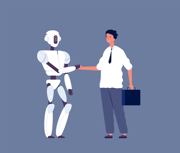 Handshaking del robot. uomo d'affari incontro con futuristico carattere androide umano vs concetto di cyborg illustrazione. stretta di mano di comunicazione cyborg robot