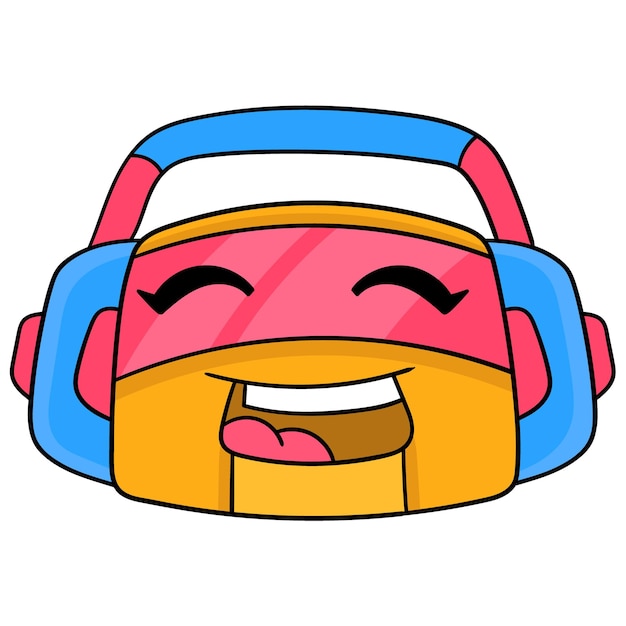 The robot head laughed while wearing a headset listening to music, vector illustration carton emoticon. doodle icon drawing