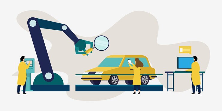 Vector robot helps technician to do car inspection