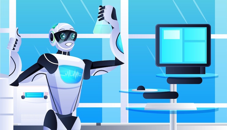 Vector robot holding test tube with liquid robotic chemist making experiments in lab genetic engineering artificial intelligence
