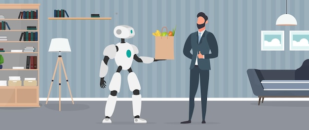 ロボットは食料品を手にしたバッグを持っています。ロボットによる食品配達。親指を立てるビジネスマン。将来の配信コンセプト。オンラインショッピング。ベクター。