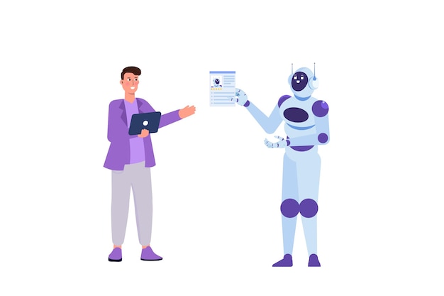 ロボットが履歴書を保持する ロボットが職場で人を置き換える概念 ベクトルイラスト